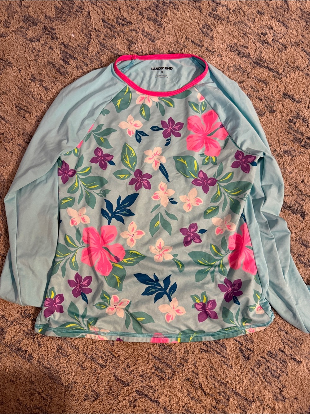 Lands' End Girls' Light Blue Floral Rashguard with Pink & Purple Accents